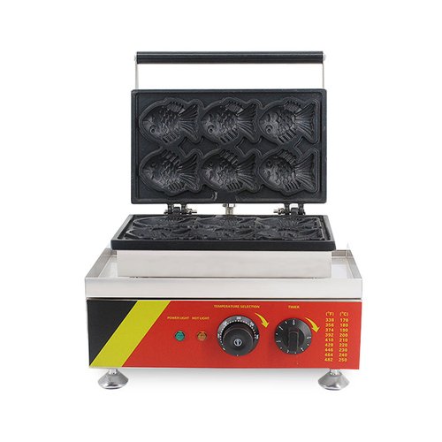 A professional commercial taiyaki waffle maker with multiple mini fish-shaped molds.