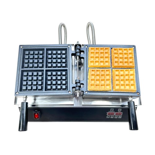 Commercial square waffle machine rotating to bake evenly