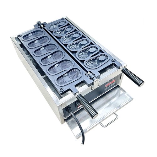 A professional electric nonstick waffle maker creating perfectly formed shoe-shaped waffles