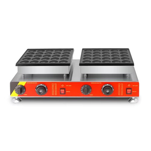 A commercial-grade 50-hole electric poffertjes machine, ready for use.