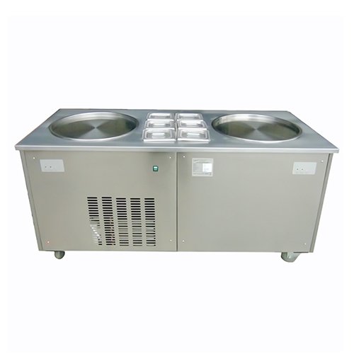 Commercial double pan fried ice cream machine with multiple topping wells for professional dessert making.