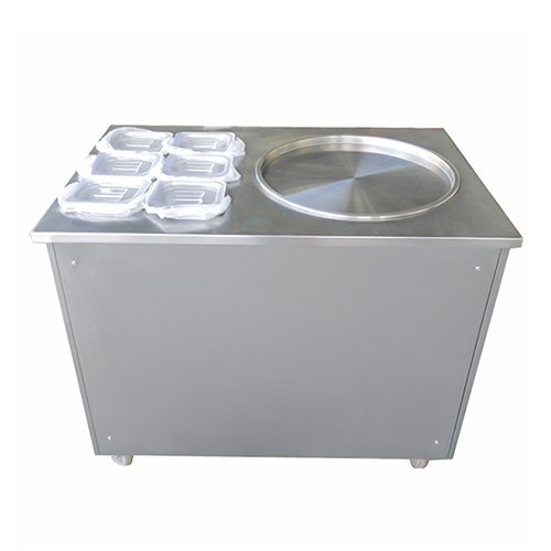 Commercial single pan ice cream roll machine with refrigerated topping wells