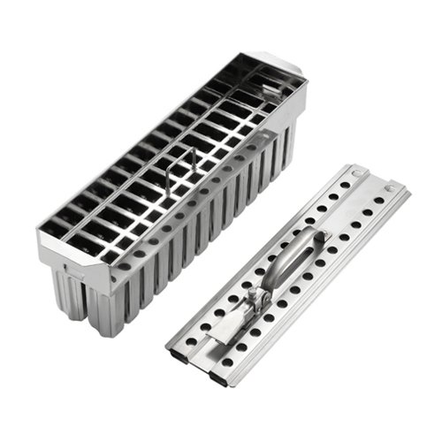 A 28-piece commercial stainless steel popsicle mold on a white background.