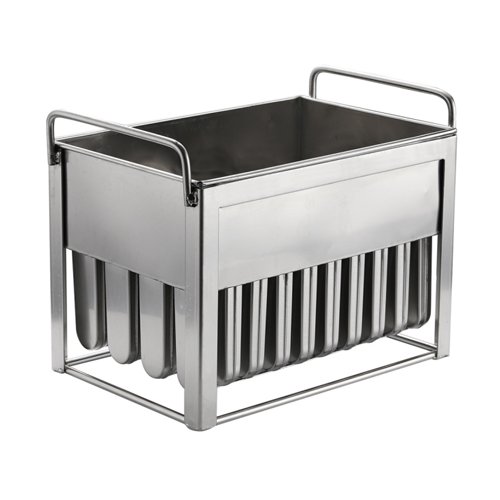 A 40-piece commercial stainless steel popsicle mold with sticks inserted.
