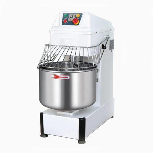 A professional 12.5 kg / 35 Liter commercial spiral dough mixer with a stainless steel bowl and safety guard, ideal for bakeries and pizzerias.