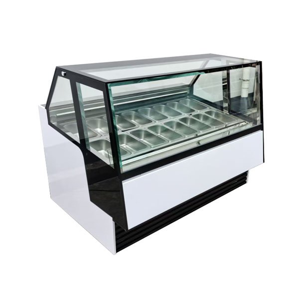 Commercial gelato and ice cream display case with stainless steel pans and angled glass canopy
