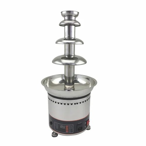 A professional 4-tier commercial chocolate fountain in operation at an event.