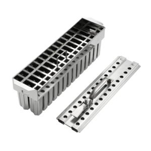 Commercial stainless steel popsicle mold with 28 cavities 63ml capacity for batch ice pop production in food service operations