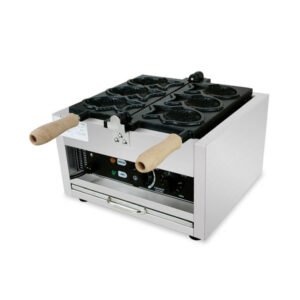 3-cavity commercial electric taiyaki fish waffle maker machine with analog temperature control and wooden handles