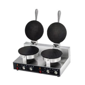 Commercial double waffle cone maker machine with dual 210mm baking plates and front temperature control dials.
