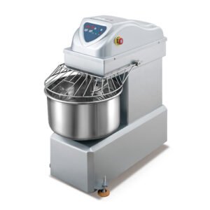 Commercial spiral dough mixer with 50L bowl, 15kg flour capacity, dual-speed operation and automatic safety guard for bakery and pizza dough production