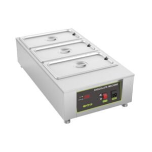D2002-3 water heating chocolate melting machine with three 4 kg pans, digital temperature control, stainless steel body, and water bath heating for commercial dessert service
