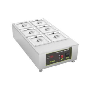 Commercial chocolate melting machine D2002-6 with 6 pans, digital temperature control, stainless steel body and water-bath heating for restaurants, hotels, cafes, dessert shops and catering service
