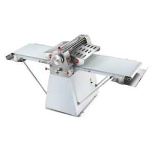 Heavy-duty floor model commercial dough sheeter with 630mm working width and 0.2–50mm adjustable roller gap for high-volume bakery and pastry production
