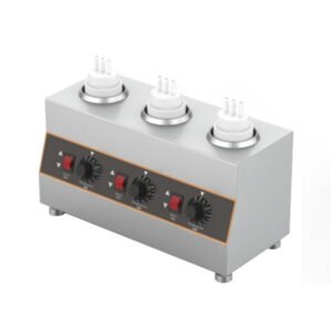3-bottle commercial sauce warmer with adjustable temperature control for chocolate sauce, jam, syrup, dessert toppings, restaurants, cafes, hotels, and catering service