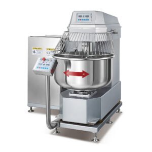 Commercial tilting spiral dough mixer with 200L bowl, 75kg flour capacity, dual-speed operation and automatic bowl-tilt dough release for large-scale bakery and industrial production