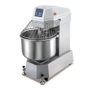 Heavy-duty commercial spiral dough mixer with 130L bowl, 50kg flour capacity, dual-speed operation and high water absorption rate for large-scale bakery production