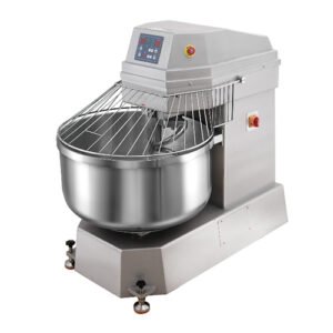 Heavy-duty commercial spiral dough mixer with 200L bowl, 75kg flour capacity, dual-speed operation and automatic safety guard for large-scale bakery and industrial dough production