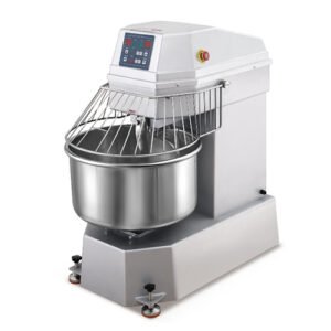 Commercial spiral dough mixer with 80L bowl, 25kg flour capacity, dual-speed operation and safety guard for bakery and pizza dough production