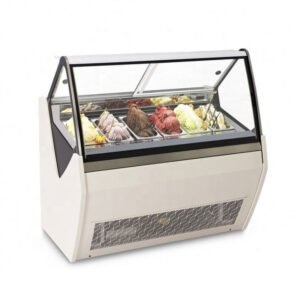 Commercial curved glass gelato display freezer with multiple ice cream pans for gelato shop and dessert display