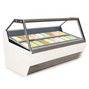 Commercial gelato display freezer with glass showcase for ice cream, gelato, sorbet, and frozen dessert display