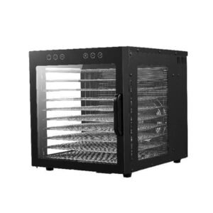 Commercial 10-tray food dehydrator with tempered glass door and stainless steel trays