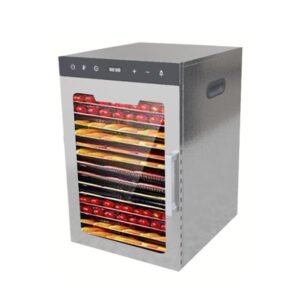 Commercial 16-tray stainless steel food dehydrator with digital display and dual fans for drying fruits, meat, vegetables, and herbs