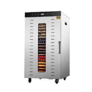 Commercial 20-tray stainless steel food dehydrator for drying fruits, meat, vegetables, herbs, seafood, and snacks