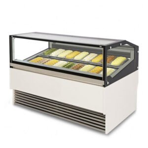 Commercial gelato display freezer with glass showcase for ice cream, gelato, sorbet, and frozen dessert display in shops and cafés.