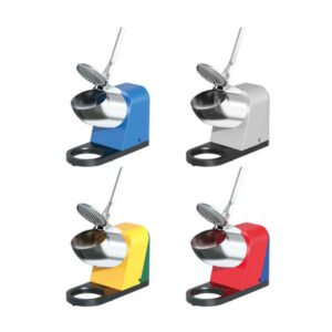 WF-A109E commercial ice crusher machine with 300W motor, multiple color options, stainless steel ice bowl, and optional single, double, three-blade, four-blade, and six-blade ice crushing heads for beverage shops, bars, cafés, restaurants, and dessert stores.