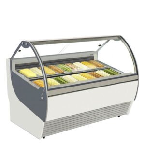 Commercial ice cream showcase freezer with curved glass display for gelato and frozen desserts