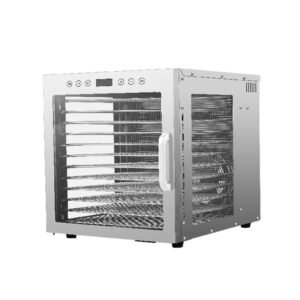 Commercial food dehydrator with 12 stainless steel trays for drying fruits, vegetables, jerky, herbs, and snacks