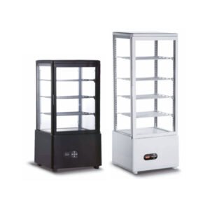 countertop display cooler with 4-sided glass and LED lighting