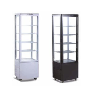 Floor standing display cooler with 4-sided glass and curved front door